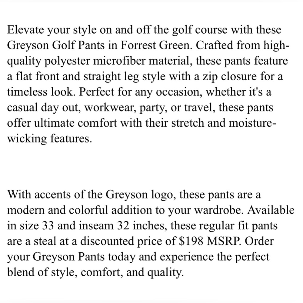 Greyson Golf Pants Wainscott Trousers 33 x 32 Forrest Green Polyester - Picture 7 of 7